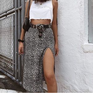 High-waisted Cheetah print silk midi skirt
